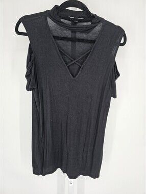 Vintage Y2K SNAP Womens Sz L Short Sleeve Slinky Knit Top Black V Neck